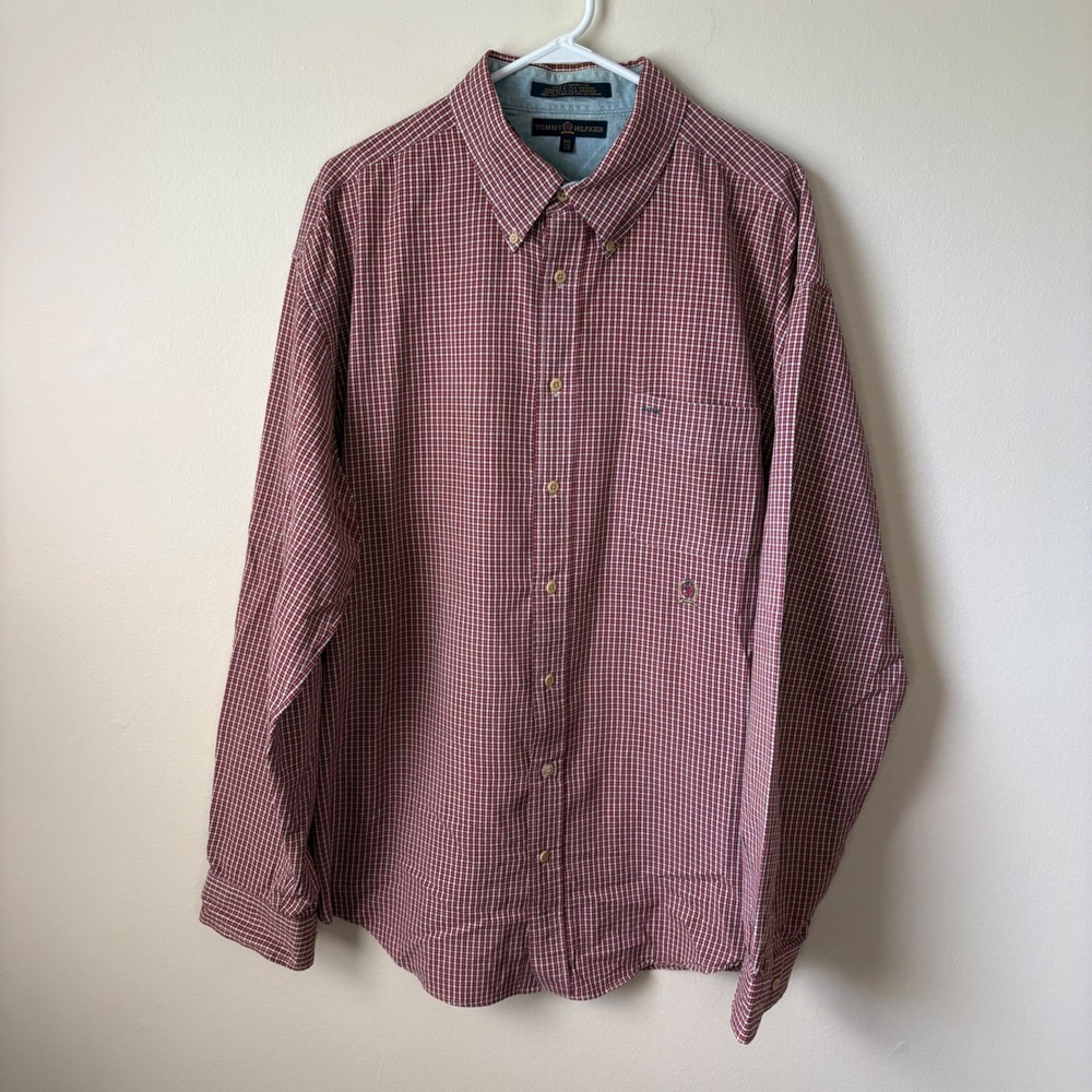 Vintage Tommy Hilfiger Button Down Mens XXL Red Check Long Sleeve 90s Crest